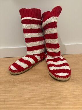 Old Navy Red and White Striped Slipper Boots